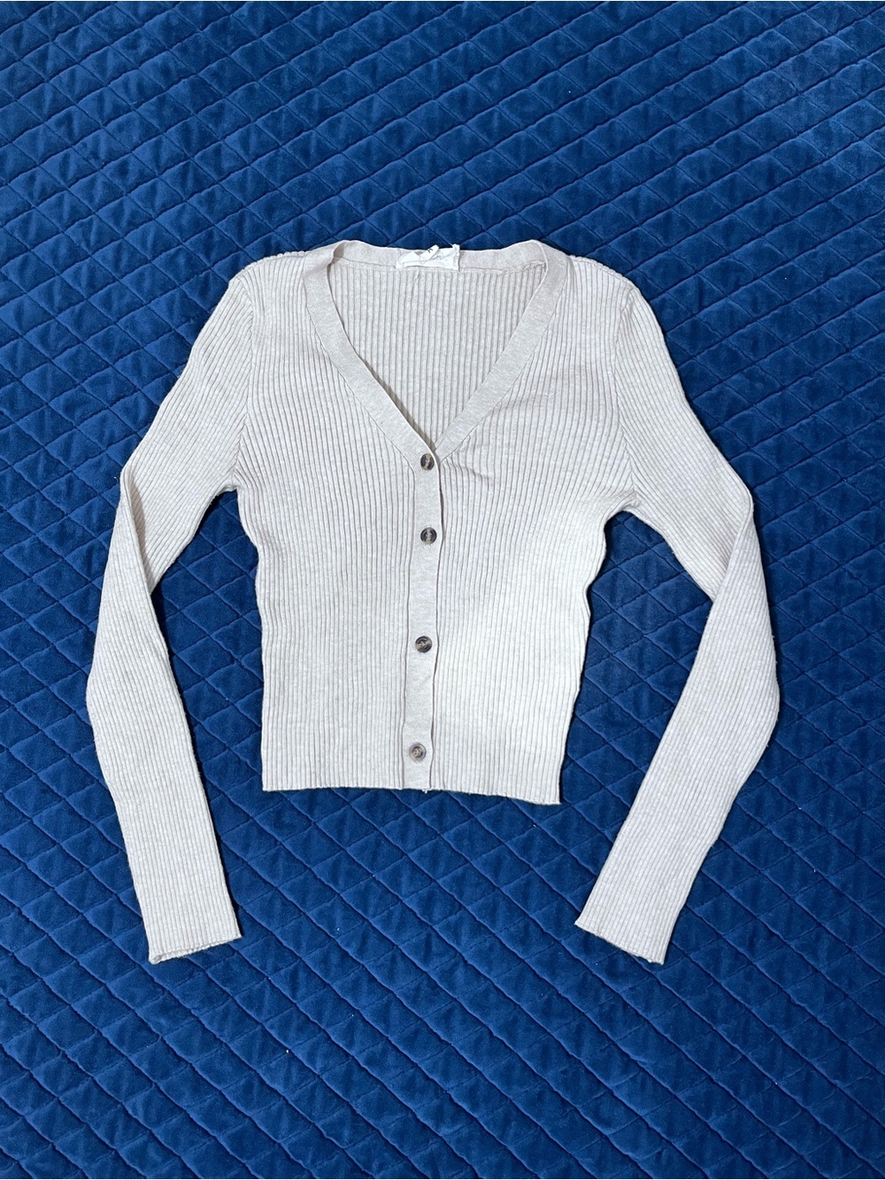 Ribbed V-Neck Button-Front Sweater Cardigan - Cream - Cute Fall/ Winter Casual